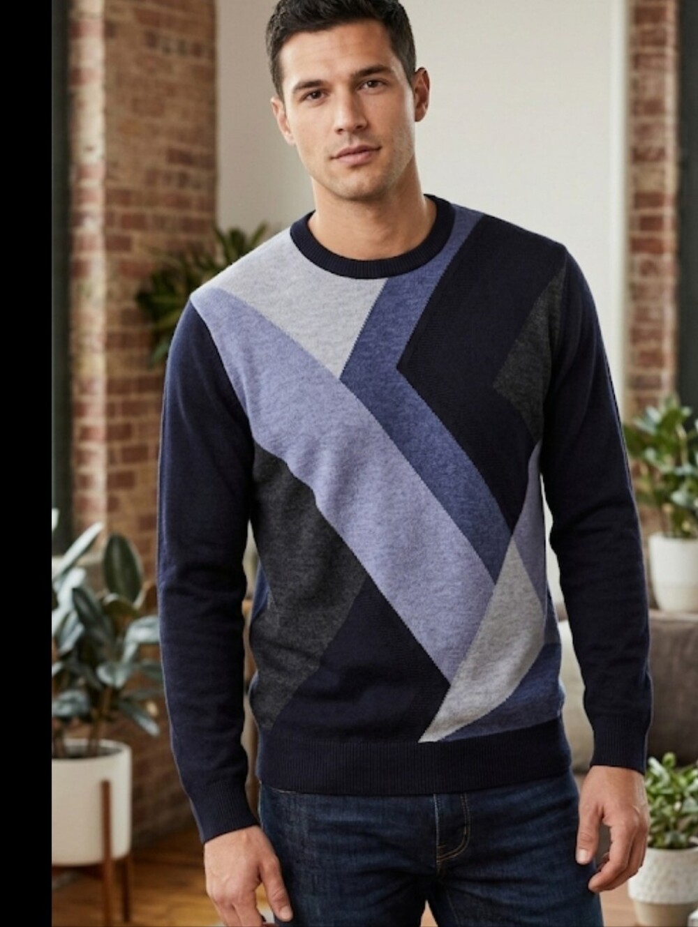 Vtg Pronto Uomo blue color block pullover  sz L abstract